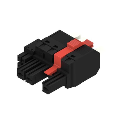 Weidmüller hybridconnector med tre poler og PUSH IN-aktuator, set skråt forfra med sort hus og rød betjening.