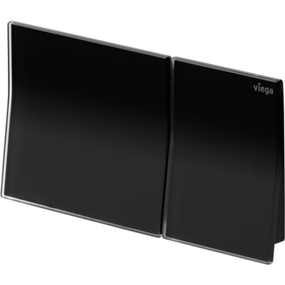 Viega Prevista Visign MORE 200 ELEKT skylleplade i sort sikkerhedsglas med Viega logo øverst til højre, 114mm bred.