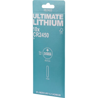 Deltaco Ultimate Lithium CR2450 3V knapcellebatterier i 10-pak, turkisblå emballage med produktinformation og FSC-logo.