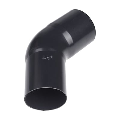 Plastmo bøjning i sort plast til 75 mm rør, med en 45 graders vinkel, vist isoleret på hvid baggrund.