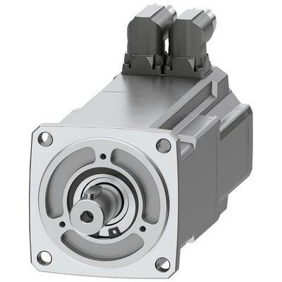 Siemens SIMOTICS S-1FK2 CT servomotor med en D19x40 mm aksel, to vinklede sorte stik og monteringsflange på hvid baggrund.