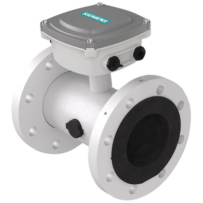 Siemens SITRANS FMS500 flowmåler sensor med DN300 flange, hvid med grå topboks med Siemens logo, EPDM liner og Hastelloy elektroder.
