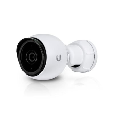 Hvidt Ubiquiti UniFi G4 bullet overvågningskamera med sort linse og vægbeslag, 1440p, PoE og IR.