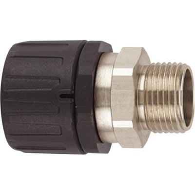 HellermannTyton forskruning i sort PA66 med M25 gevind og ø28 mm ydre diameter, viser metalgevind og plast omløber.