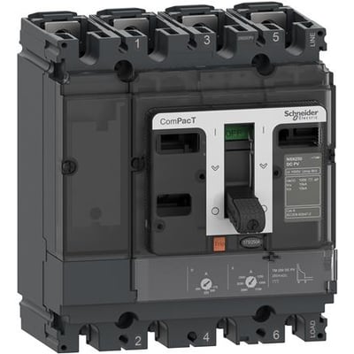 Schneider Electric 4-polet maksimalafbryder DC-PV NSX200, 200A, med tydeligt synlig "OFF" markering og Schneider Electric logo.