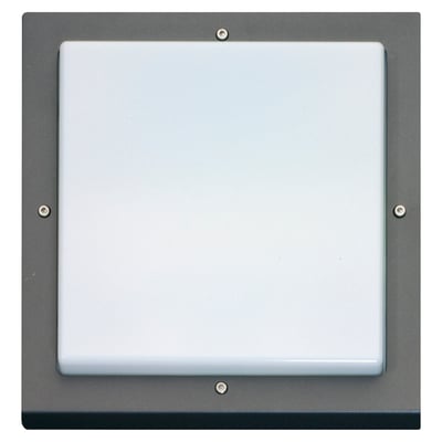 Vandalsikkert SG Armaturen Bassi vægarmatur i grafitgrå aluminium med hvid, opal skærm og fire synlige skruer.