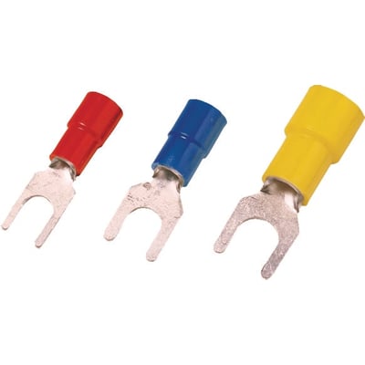 Nærbillede af tre Weidmüller ringkabelsko med rød, blå og gul PVC-isolering, der viser metalspidsen.