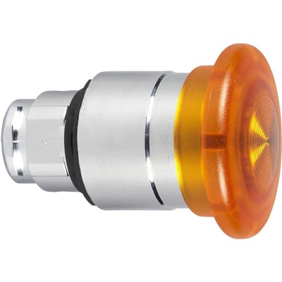 Schneider Electric Harmony Style 4 trykknap med orange LED og tryk/træk betjening, 40mm diameter, med kromfinish og hvid baggrund.