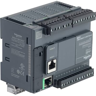 Schneider Electric Modicon TM221 PLC med Ethernet, 14 DI, 2 AI og 10 DO PNP, 24Vdc forsyning.