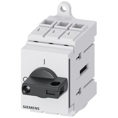 Siemens 3LD3 16A hovedafbryder, 3-polet, med drejeknap i sort og mærket 'SIEMENS' på hvid baggrund.