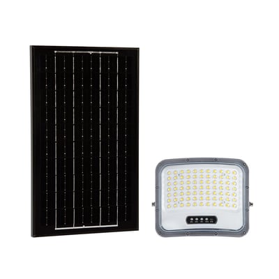 V-TAC solcelle-LED-projektør VT-105W på 12 W med sort solpanel og LED-lampe med mange lysdioder.