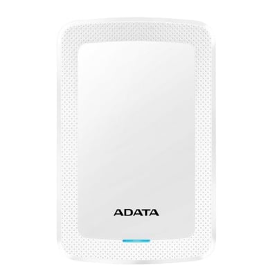 Hvid ADATA HV300 ekstern harddisk på 1 TB set forfra med afrundede hjørner og mønstret kant.