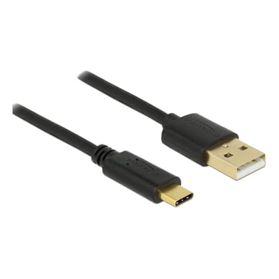 Sort Delock USB 2.0-kabel på 2 meter med USB Type-A- og USB Type-C-stik, vist diagonalt.