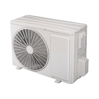 Lysegrå GREE Cosmo 18K udedel set skråt forfra med stor rund ventilator og tilslutningsdæksler på siden.