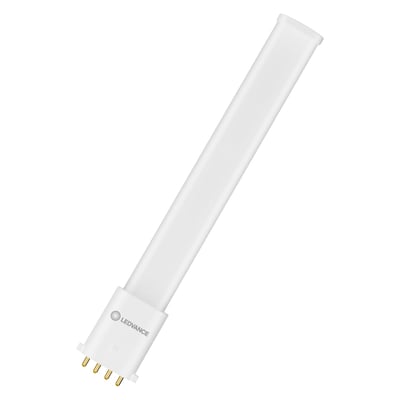Ledvance DULUX LED S/E-rørlampe i hvid med 2G7-sokkel og fire ben, vist skråt fra siden.