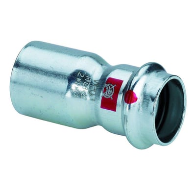 Detaljeret billede af Viega Prestabo reduktionsfitting 35mm til 28mm, viser SC-Contur og VdS godkendelseslogo.