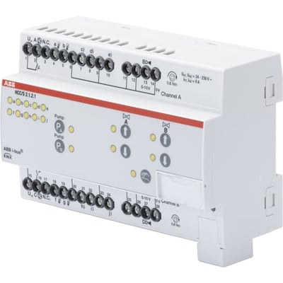 ABB KNX varme og køling kontroller HCC/S2.1.2.1 med 0-10V udgang og 2 faser, vist forfra med tydelige terminaler og mærkater.