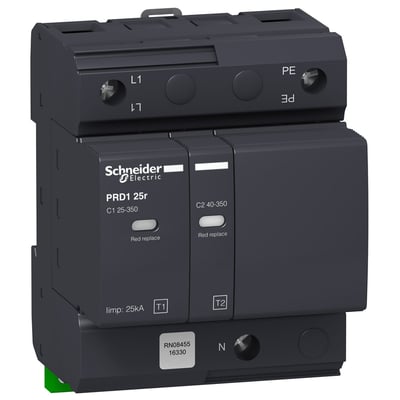 Schneider Electric overspændingsafledning PRD1 25R, 1P+N type 1 overspændingsbeskytter med tydelig mærkning og udskiftelige patroner.