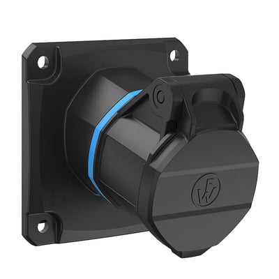 Walther CEE paneludtag, 3P, 16A, 230V i blå og sort med skrå montering og 86x86mm flange.