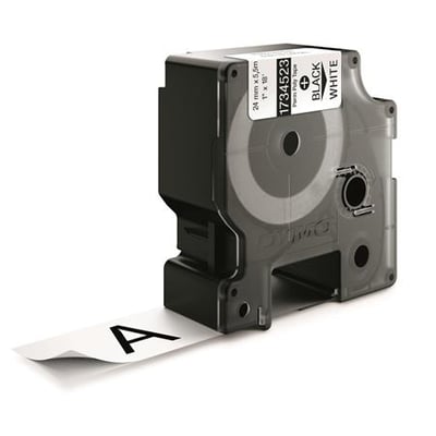 Dymo Rhino industri tape permanent polyester 24mm sort på klar baggrund, med sort mærkat med bogstavet A der kommer ud af kassetten.