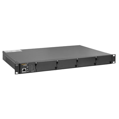 Weidmüller IE-SW-L3-SL28M-HV, en sort managed industriel switch med 28 RJ45-porte, set skråt forfra.