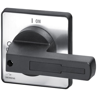 Siemens roterende betjeningsmekanisme med sort håndtag og "ON" markering på børstet metalplade.