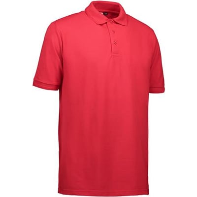ID Identity rød poloshirt i størrelse XS, en klassisk model uden brystlomme med knaplukning ved halsen.