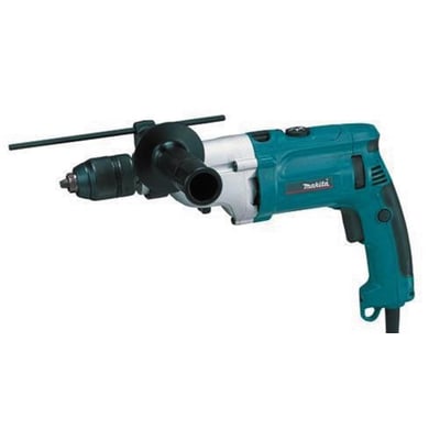 Makita HP2071FJ slagboremaskine med to gear, turkis kabinet, sidehåndtag og dybdestopstang.