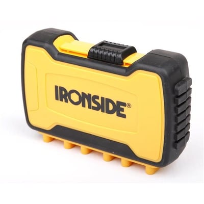 Ironside træborsæt med 16 træspiralbor i en gul og sort plastboks, vist lukket med Ironside-logo på låget.
