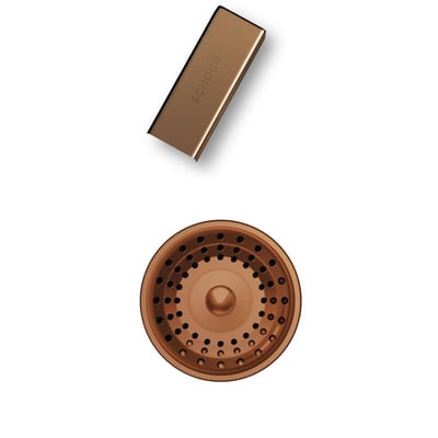 Intra afløbsdele i kobber PVD, vist med afløbsrist og overløbsrist med Schock logo.