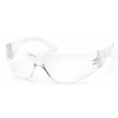 Klare V110 beskyttelsesbriller fremstillet af gennemsigtig plast med buede stænger og linser. Brillerne er placeret på en hvid baggrund.