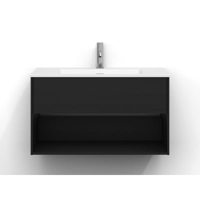 Svedbergs Epos underskab i sort ask, 80x45 cm med én skuffe, set forfra med hvid håndvask og kromarmatur.