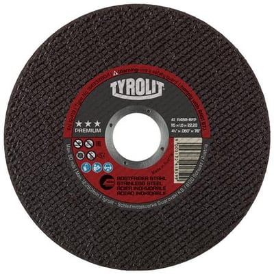 Tyrolit PREMIUM-skæreskive til rustfrit stål, sort med rødgråt mærkat, type A46R-BFP, 115 x 1,6 x 22,23 mm.