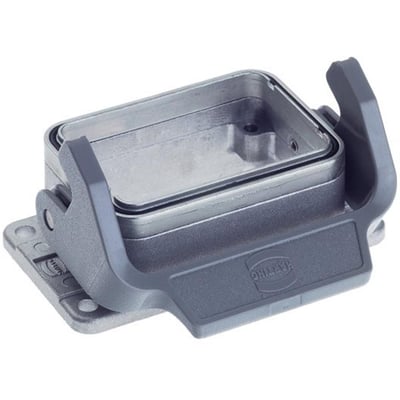 Nærbillede af Harting chassishus Han 6B, viser aluminiumskonstruktion og grå lukke bøjle.