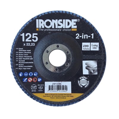 Ironside konisk 2-in-1-lamelrondel med blå slibelameller, 125 mm og kornstørrelse 80 til stål og rustfrit stål.