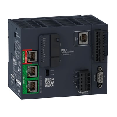 Schneider Electric M262 motion controller med 3 ns/inst udførelseshastighed og 16 AX-kapacitet, vist fra siden med Ethernet-, Sercos- og serielforbindelser.