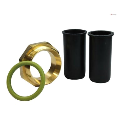 Isiflo gas-kit med 32mm messing omløbsmøtrik, NBR O-ring og to sorte støttebøsninger, isoleret på hvid baggrund.