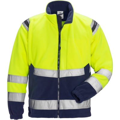Kansas Fristads Hi-Vis fleecejakke i gul og marineblå, str. 2XL, med reflekser på bryst, ryg og ærmer.