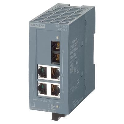 Siemens Scalance XB004-1LD unmanaged IE switch med 4 RJ45 porte og 1 SC LWL-port i grå plast, præsenteret på en neutral baggrund.