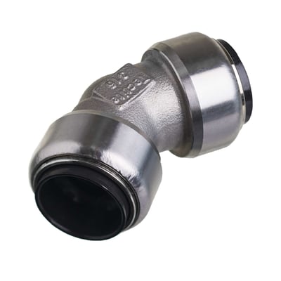 Nærbillede af Roth vinkel 45 gr. 22 mm, rustfri indstikfitting viser detaljer og mærkning på stålet.