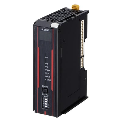 Omron SL5500 sikkerhedsstyring med CIP-S og EtherCAT, 128 master-forbindelser og 1024 I/O-porte, på hvid baggrund.