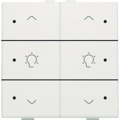 Niko dæmpertryk i hvid til lysstyring af to lyskredse med LED-indikator og ikon for lyspære. Det hvide tryk har en opadgående pil og en lyspære ikon samt LED-indikator.