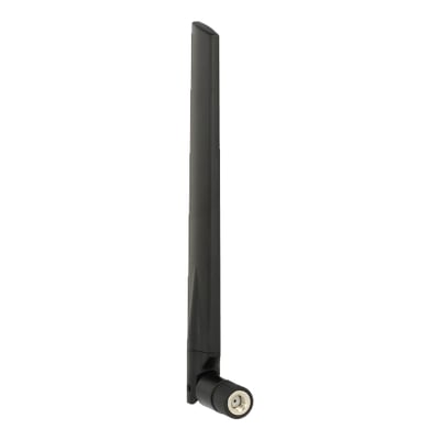 Sort DeLock dualband-WLAN-antenne med lang, slank antenne og RP-SMA-hanstik, set skråt fra siden.