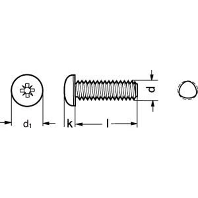 Teknisk tegning af M5X20 DIN 7500-C FZB panhoved skrue med dimensioner vist. Viser hoved, gevind og tværsnit.