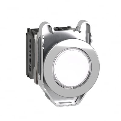 Schneider Electric lampetryk Flush XB4F i hvid med en plan trykflade og kromring på hvid baggrund.