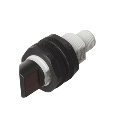 Carlo Gavazzi fotoaftastermodtager PA18CRT16NAM1SA med sort front og hvidt gevindhus, set skråt forfra.
