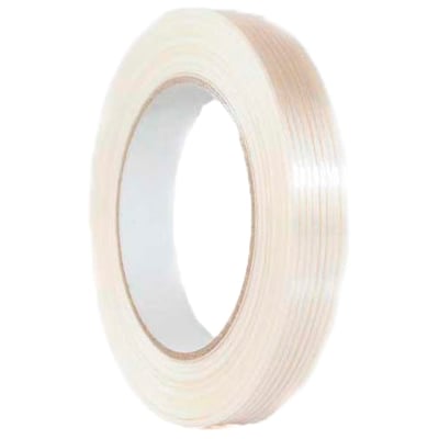 Rulle med klar, ligearmeret Roliba filamenttape, 19 mm x 50 m, til stærk lukning af emballage.