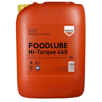 Bagside af Rocol Foodlube Hi-Torque 460 gearolie beholder, viser produktinformation, NSF og Halal certificeringer, samt stregkode.