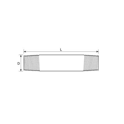 Teknisk tegning af Indura nippelrør på 300 mm x 2" med gevind i begge ender og markering af længde og diameter.