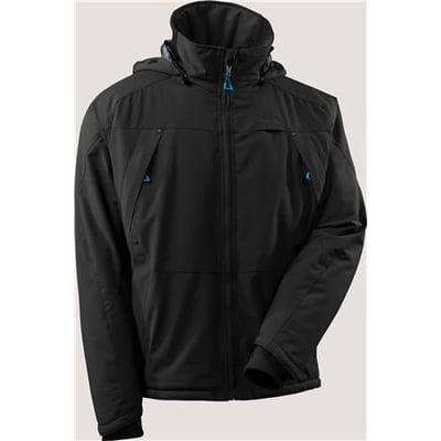 Mascot vinterjakke model 17035-411 i sort, str. S, med hætte og lynlås vist forfra med lyseblå detaljer.